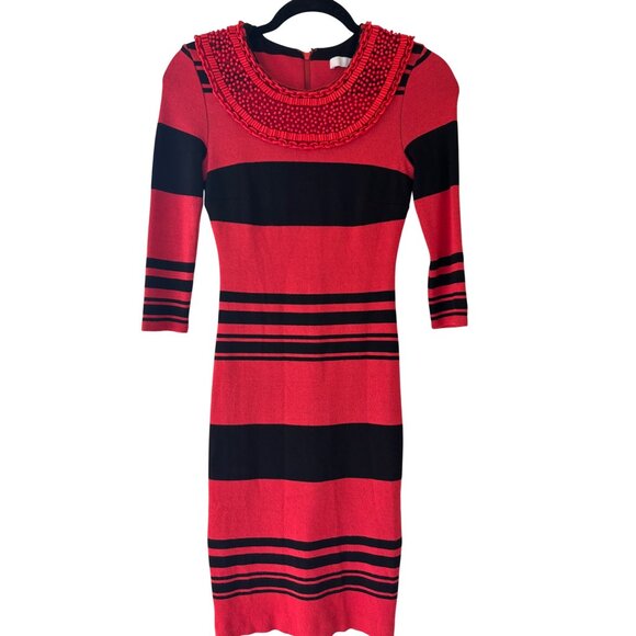 Tracy Reese Red Black Striped Runway Knit Dress With Beaded Neckline Detailed - Picture 3 of 15